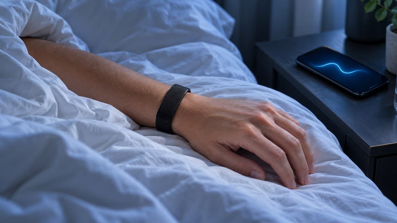Schlafende Frau mit Fitnessband, daneben eine Schlafanalyse mit Tief-, REM- und Leichtschlafphasen