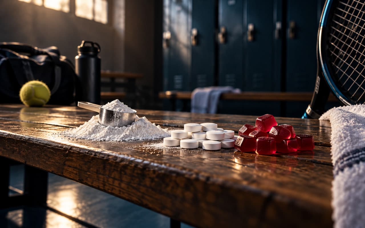 Creatine as powder in a scoop, as tablets and as fruit gummies side by side on a wooden bench in a changing room, a tennis racket next to them
