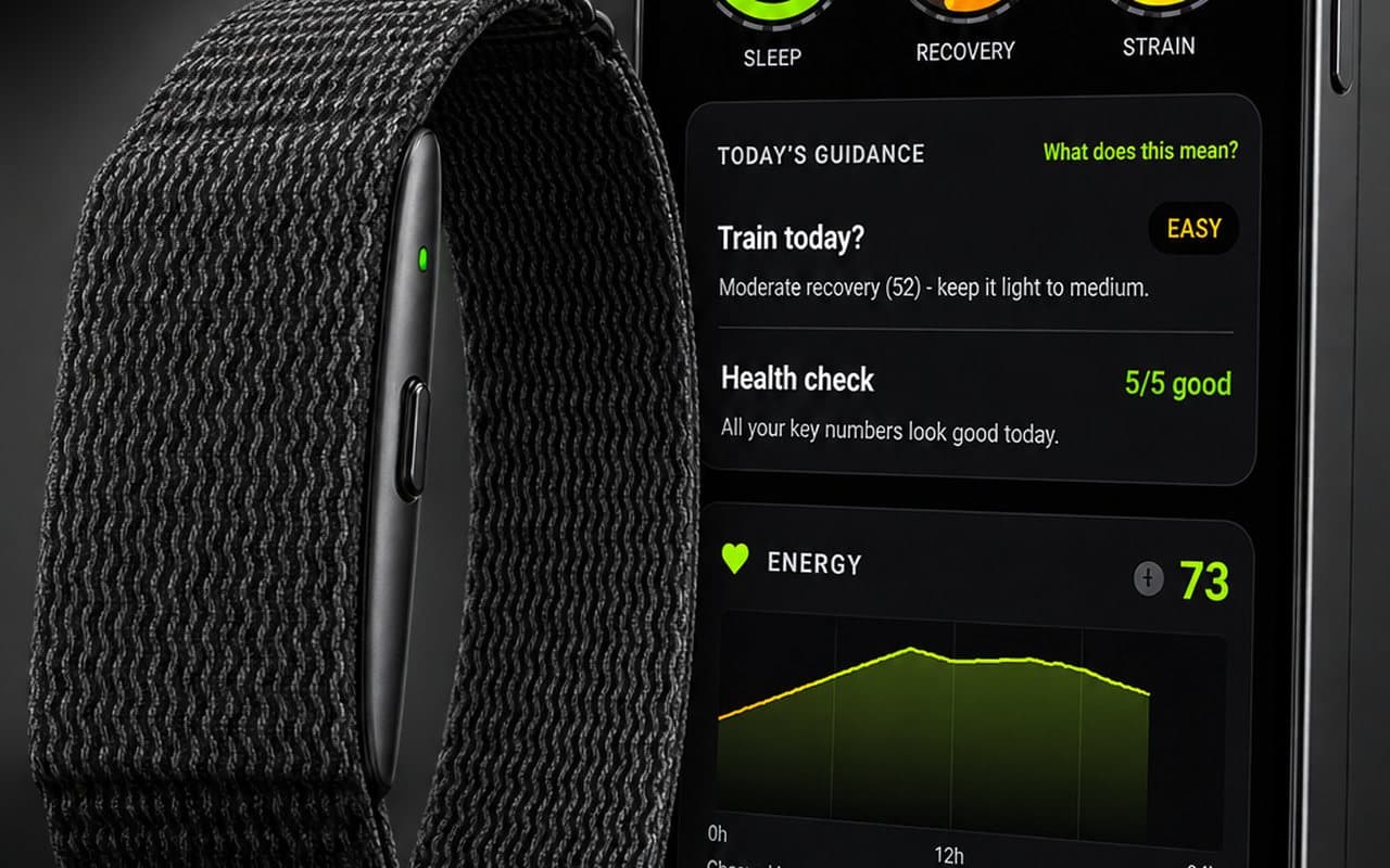 Schwarzes LEEK Pulse Pro Armband neben einem Smartphone mit Schlaf-, Recovery- und Strain-Werten in der App