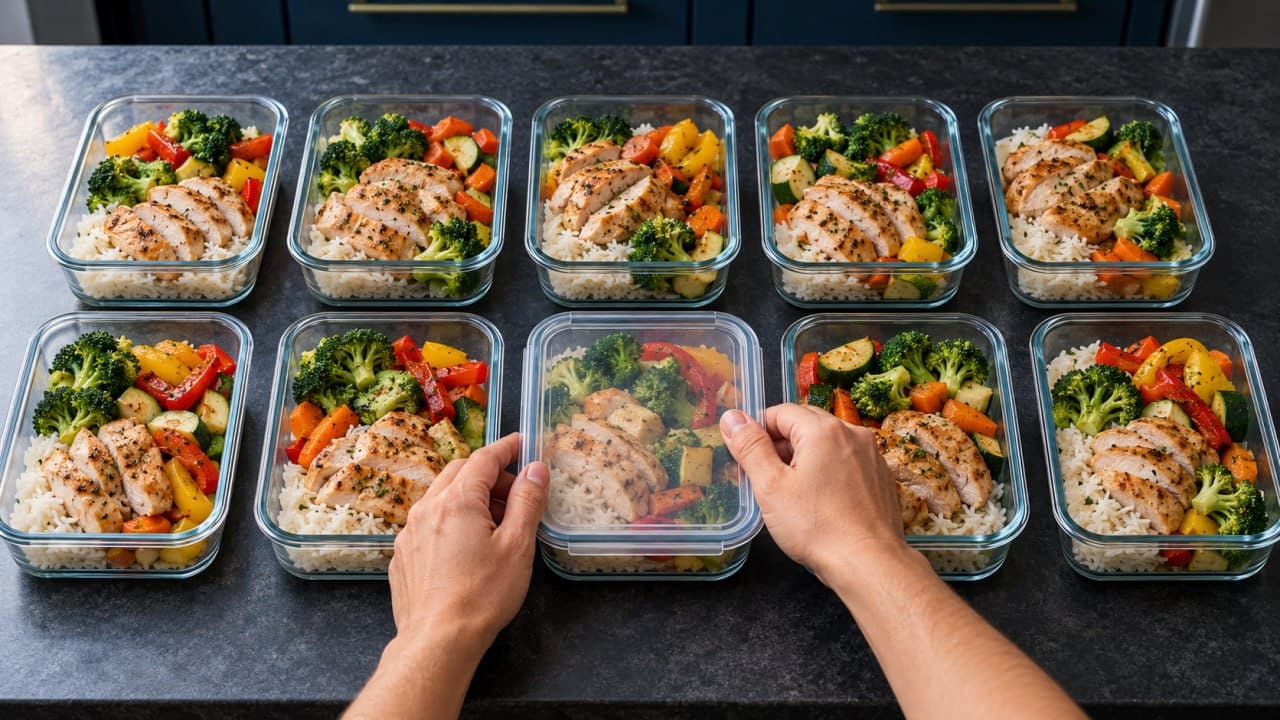 Several glass containers with rice, chicken, vegetables and legumes on a kitchen counter