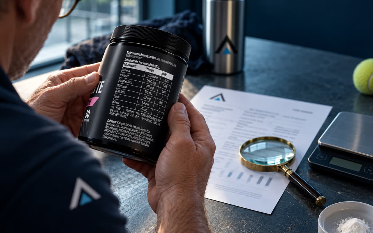 Hand hält eine Supplement-Dose mit Nährwerttabelle, daneben ein ausgedruckter Laborbericht mit Lupe und eine kleine Waage auf einem hellen Tisch