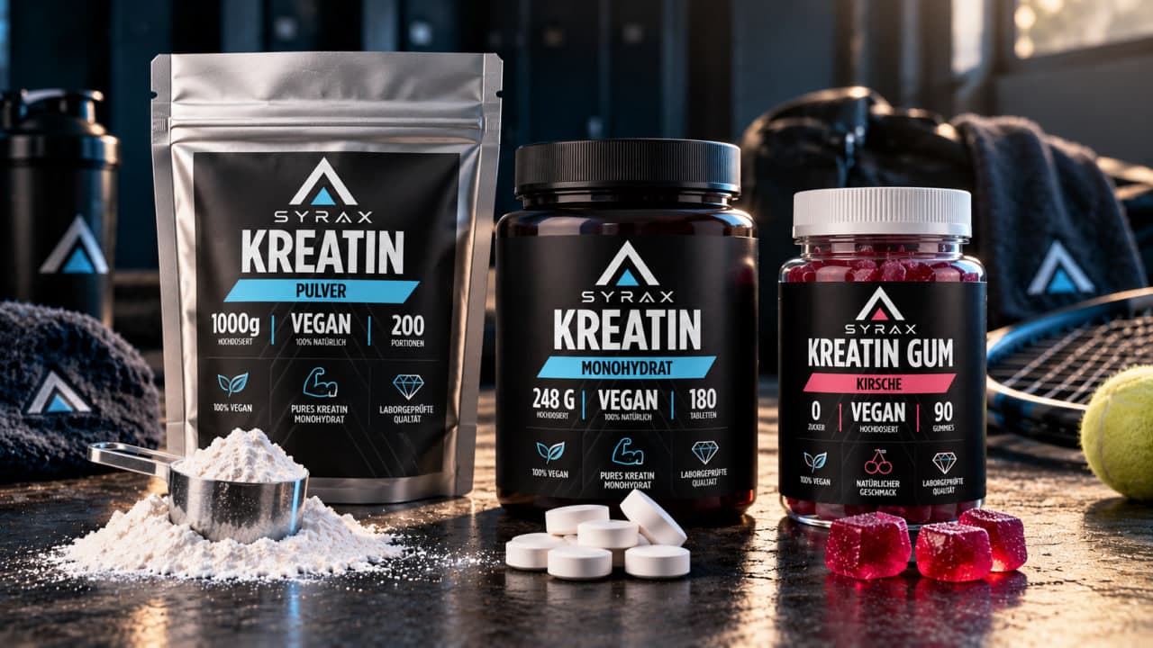 Syrax Kreatin Doypack, Kreatin-Tabletten und Kreatin-Gummies nebeneinander, davor jeweils eine Tagesportion