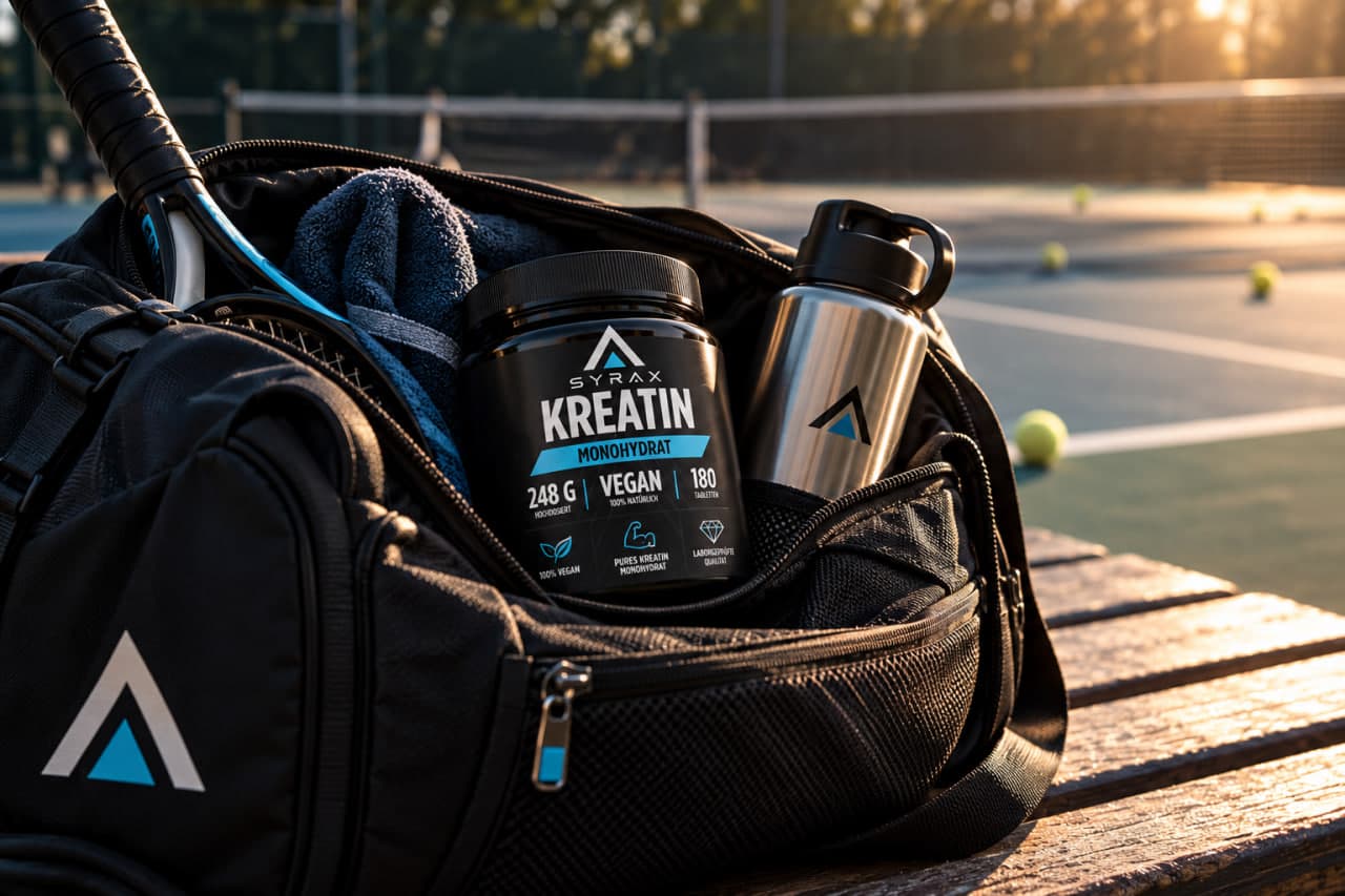 Offene Tennistasche auf einer Bank am Platz, darin Schläger, Handtuch, Trinkflasche und eine Dose Syrax Kreatin-Tabletten