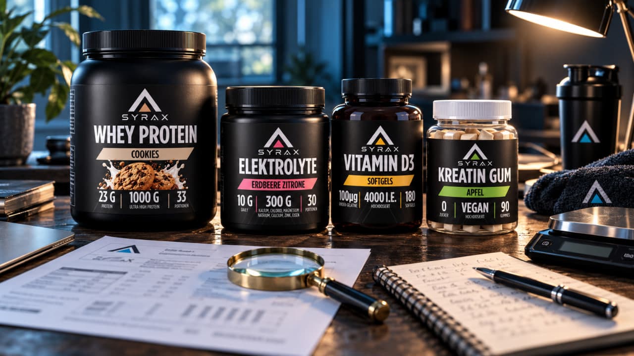 Syrax Supplement-Dosen auf einem Tisch, davor ein ausgedruckter Laborbericht, eine Lupe und ein Notizblock mit Rechnung