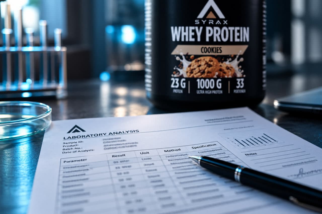Ausschnitt eines Laborberichts mit den Zeilen Schwermetalle, Mikrobiologie und Charge, daneben eine Syrax Whey-Dose