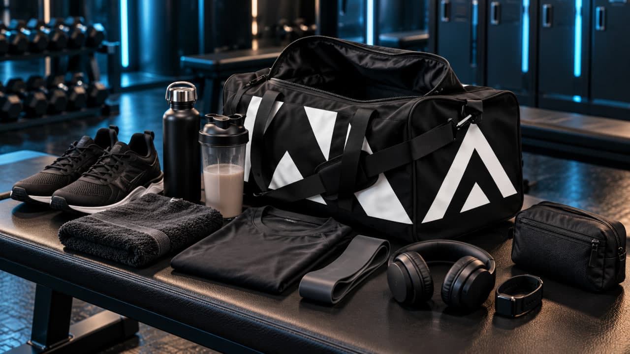 Open white sports bag on a bench in the changing room, next to a folded towel, a water bottle and flip-flops