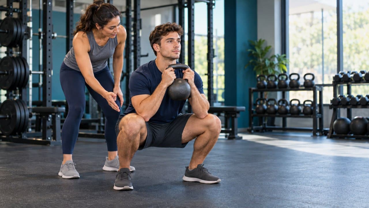 Person training with a barbell in the gym, next to a notebook with a training plan